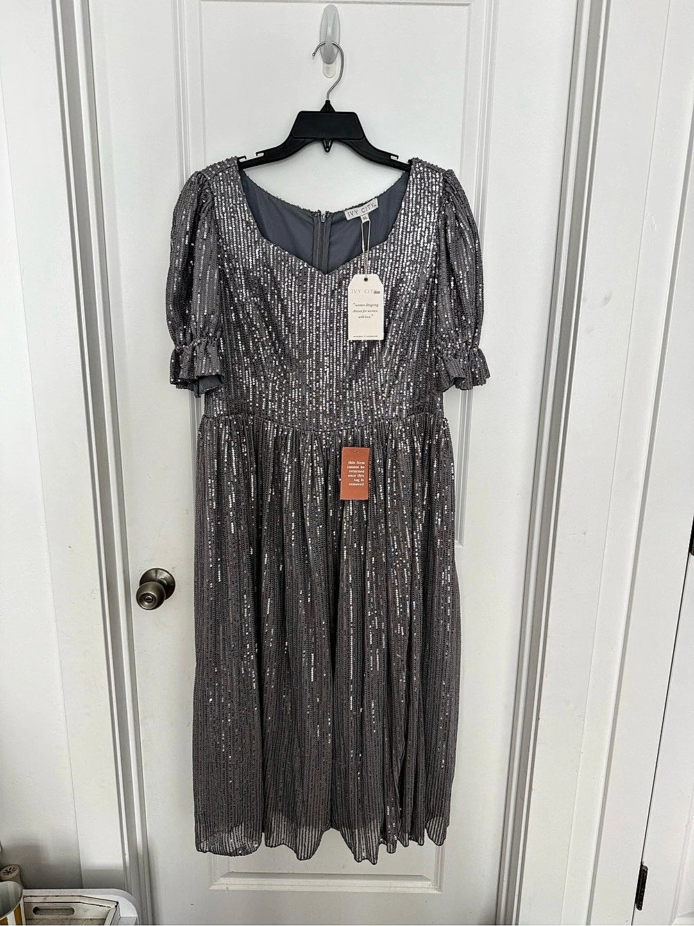 Ivy City Co. Clara Dress in Gunmetal. Sequin Midi Dress